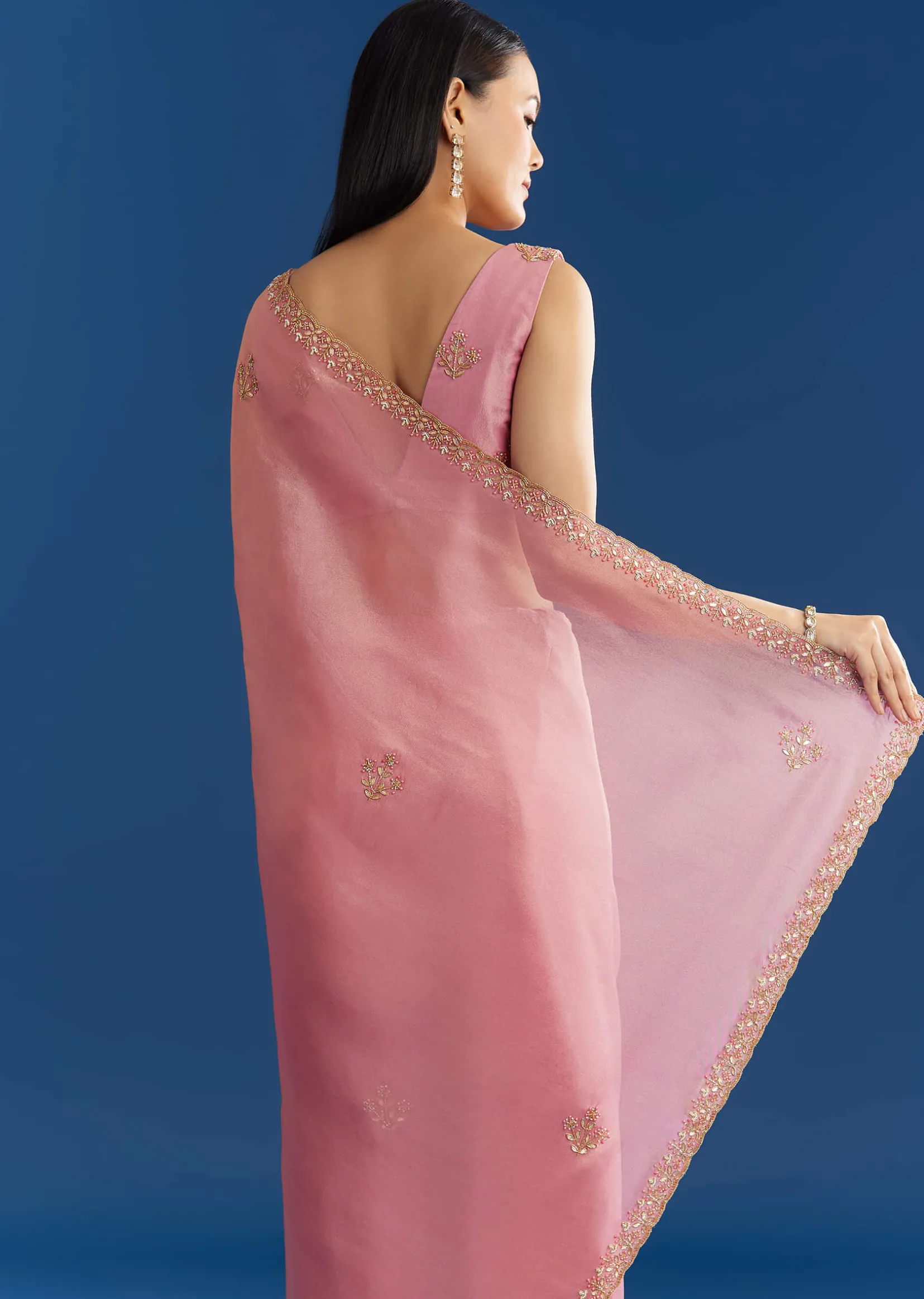 Soft Pink Organza Tissue Saree With Scallop Beaded Finish