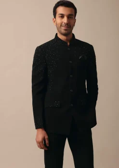 Sophisticated Black Textured Fabric Jodhpuri Suit
