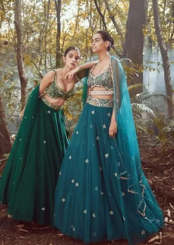 Srushti Porey In Kalki Pine Green Lehenga Choli In Raw Silk With Butti Work And Heavy Hand Embroidery In Mughal Motifs On The Choli