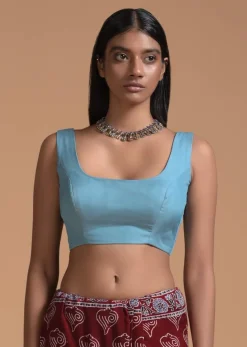 Steel Blue Sleeveless Blouse In Silk Blend With Scooped Neckline