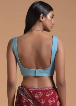 Steel Blue Sleeveless Blouse In Silk Blend With Scooped Neckline