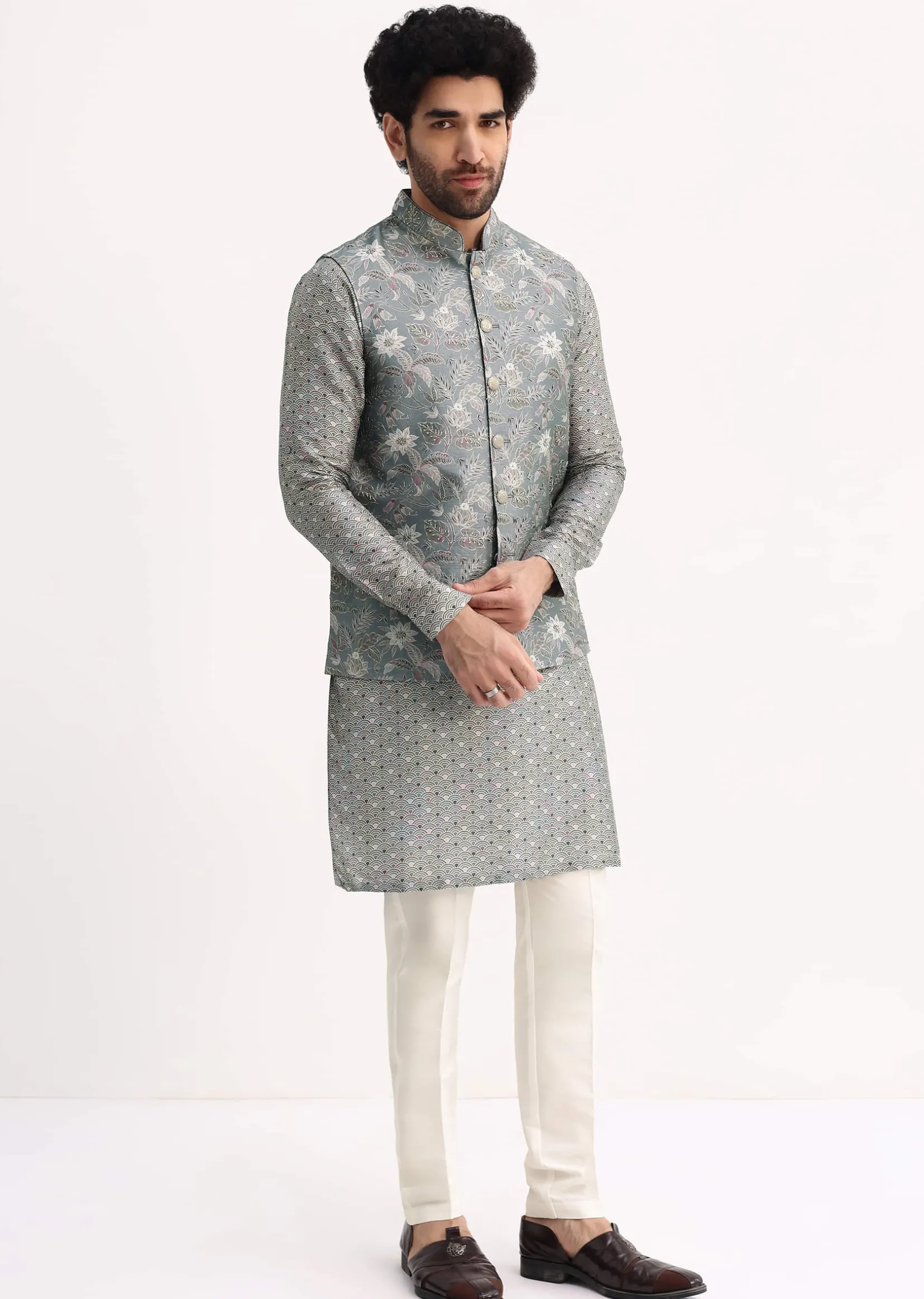 Steel Grey Kurta With Cutdana Embroidered Jacket Set For Men