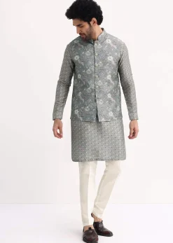 Steel Grey Kurta With Cutdana Embroidered Jacket Set For Men