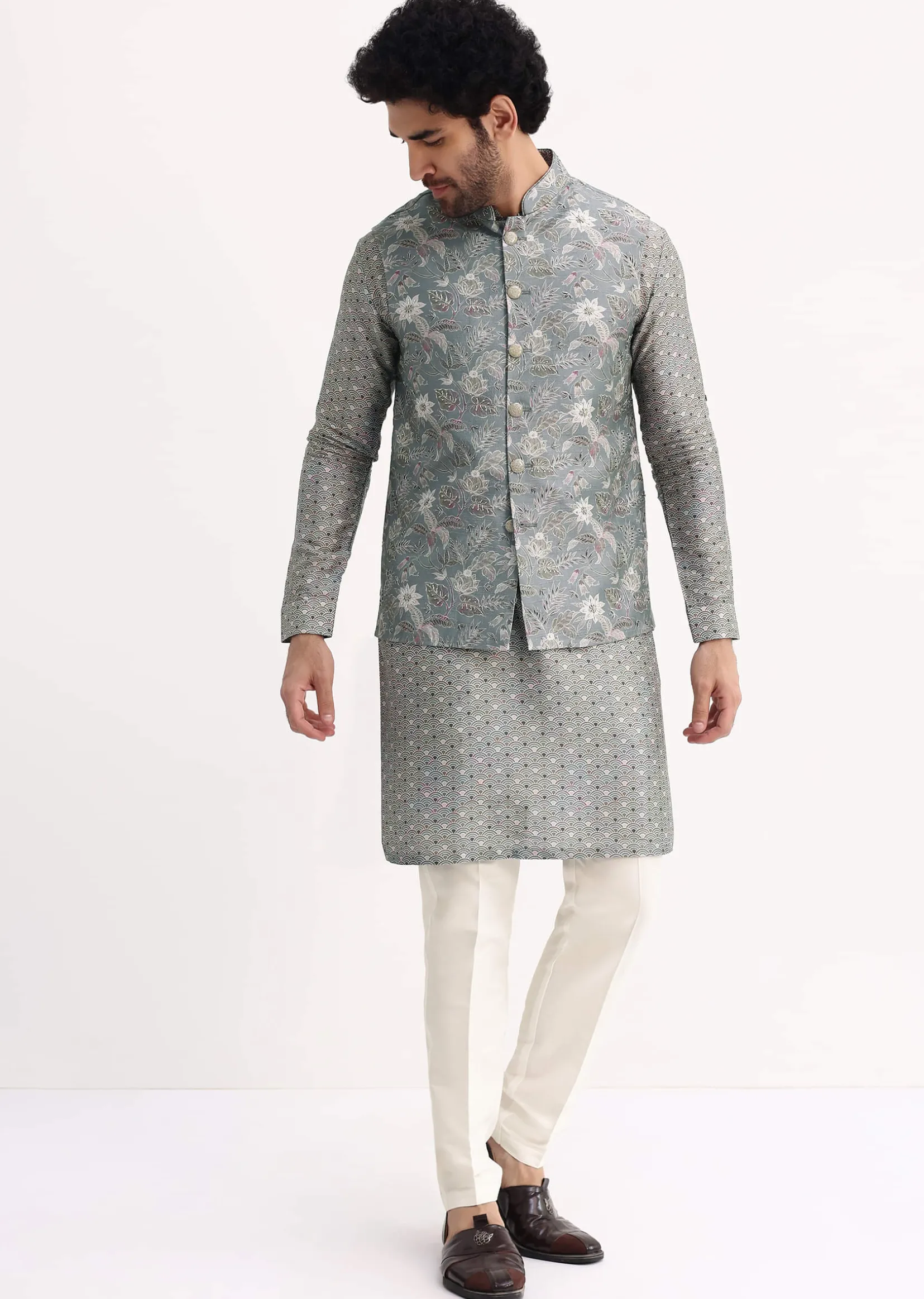 Steel Grey Kurta With Cutdana Embroidered Jacket Set For Men
