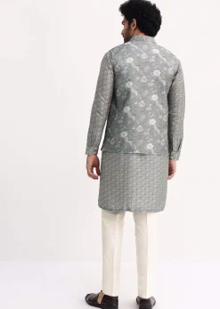 Steel Grey Kurta With Cutdana Embroidered Jacket Set For Men