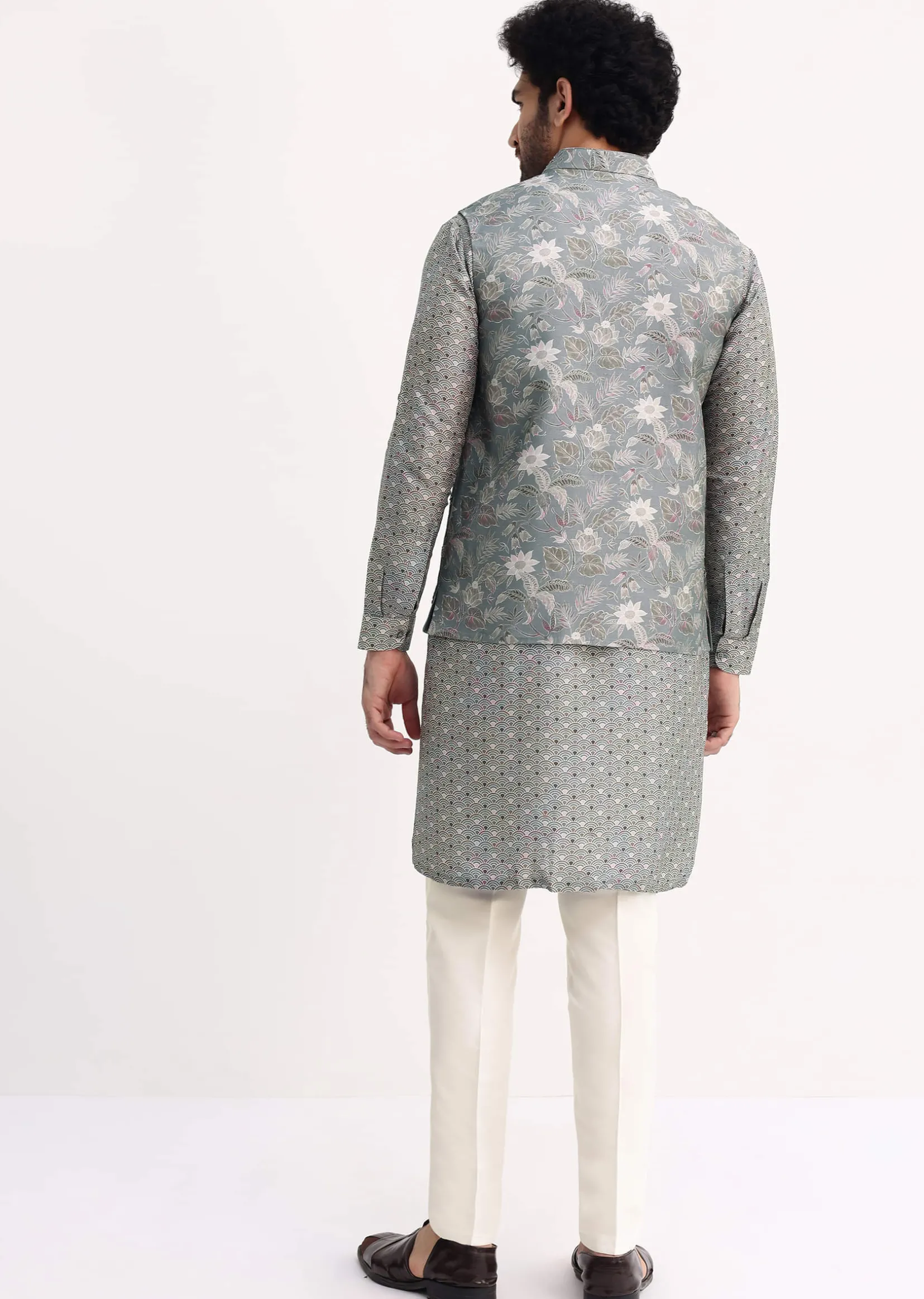 Steel Grey Kurta With Cutdana Embroidered Jacket Set For Men