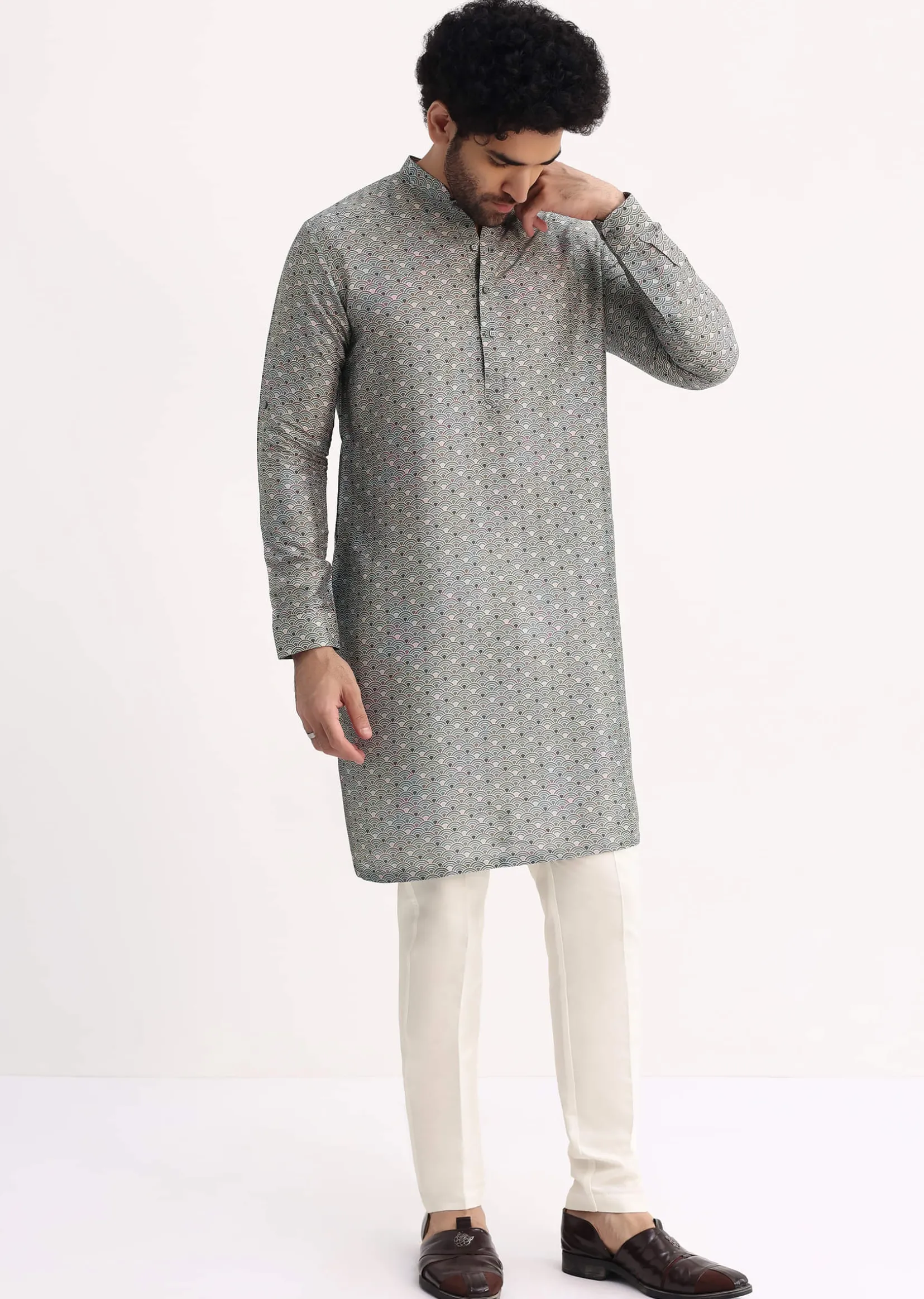 Steel Grey Kurta With Cutdana Embroidered Jacket Set For Men