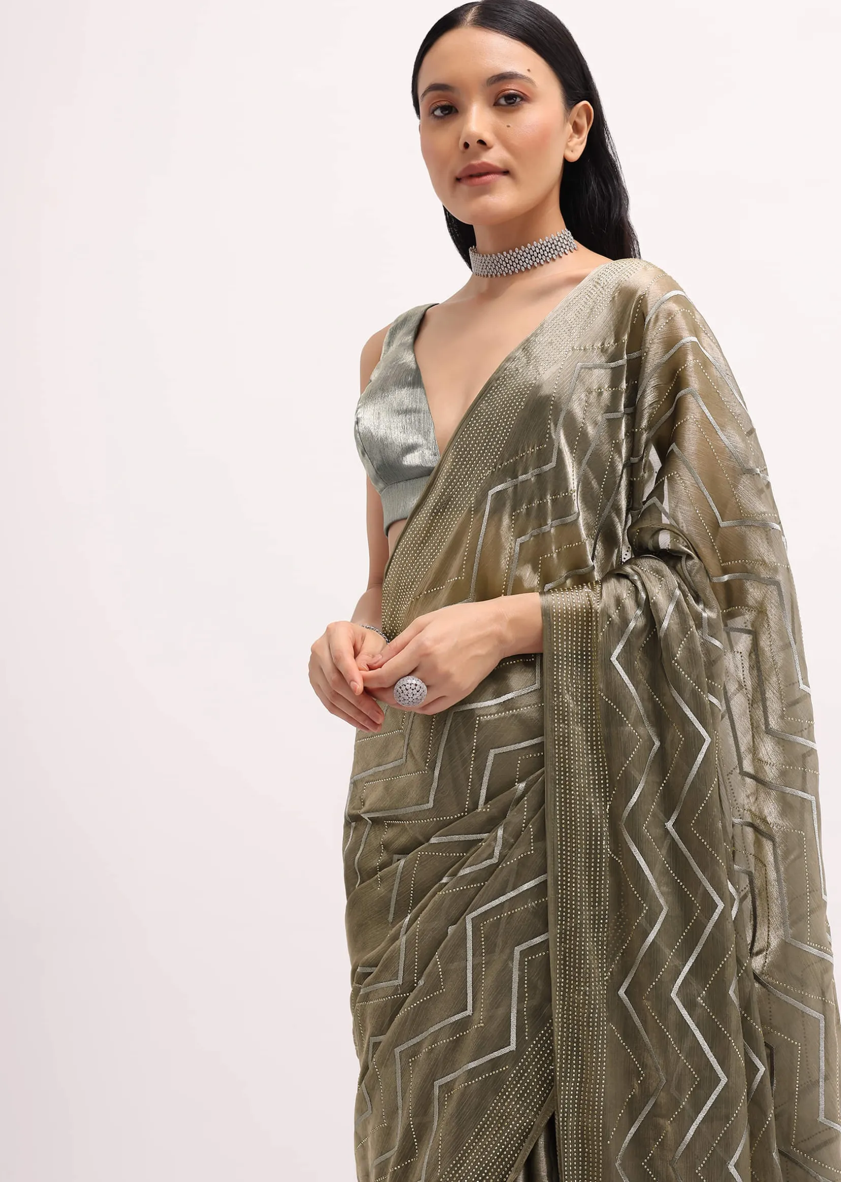 Stone Grey Glass Tissue Saree With Unstitched Blouse