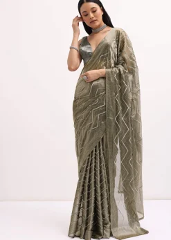 Stone Grey Glass Tissue Saree With Unstitched Blouse