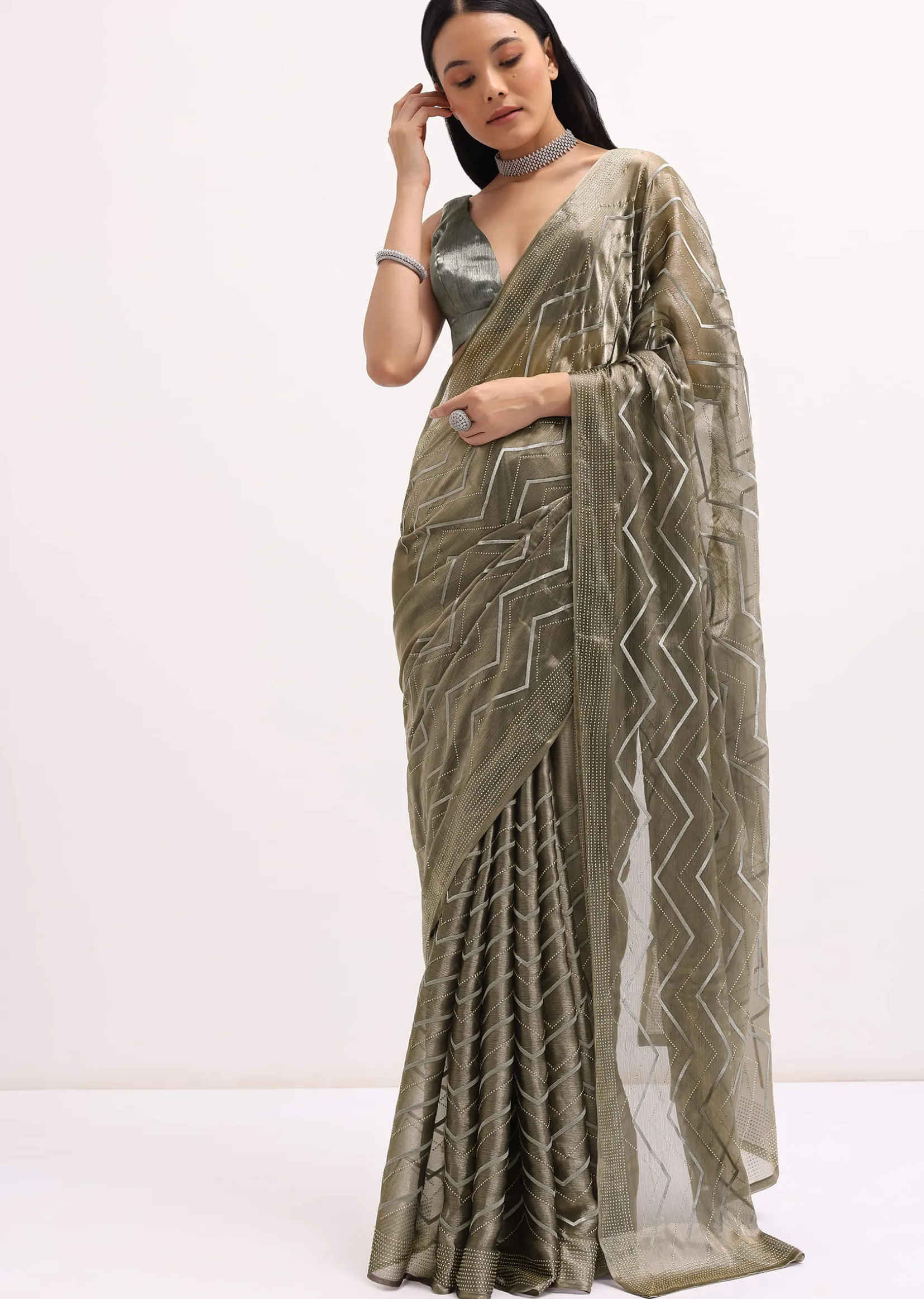 Stone Grey Glass Tissue Saree With Unstitched Blouse