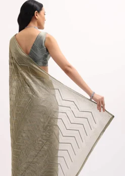 Stone Grey Glass Tissue Saree With Unstitched Blouse