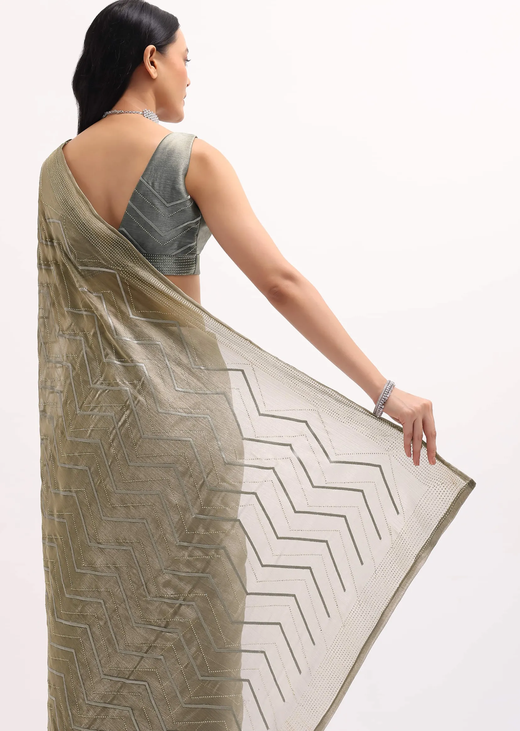 Stone Grey Glass Tissue Saree With Unstitched Blouse