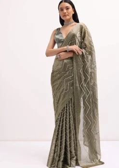 Stone Grey Glass Tissue Saree With Unstitched Blouse