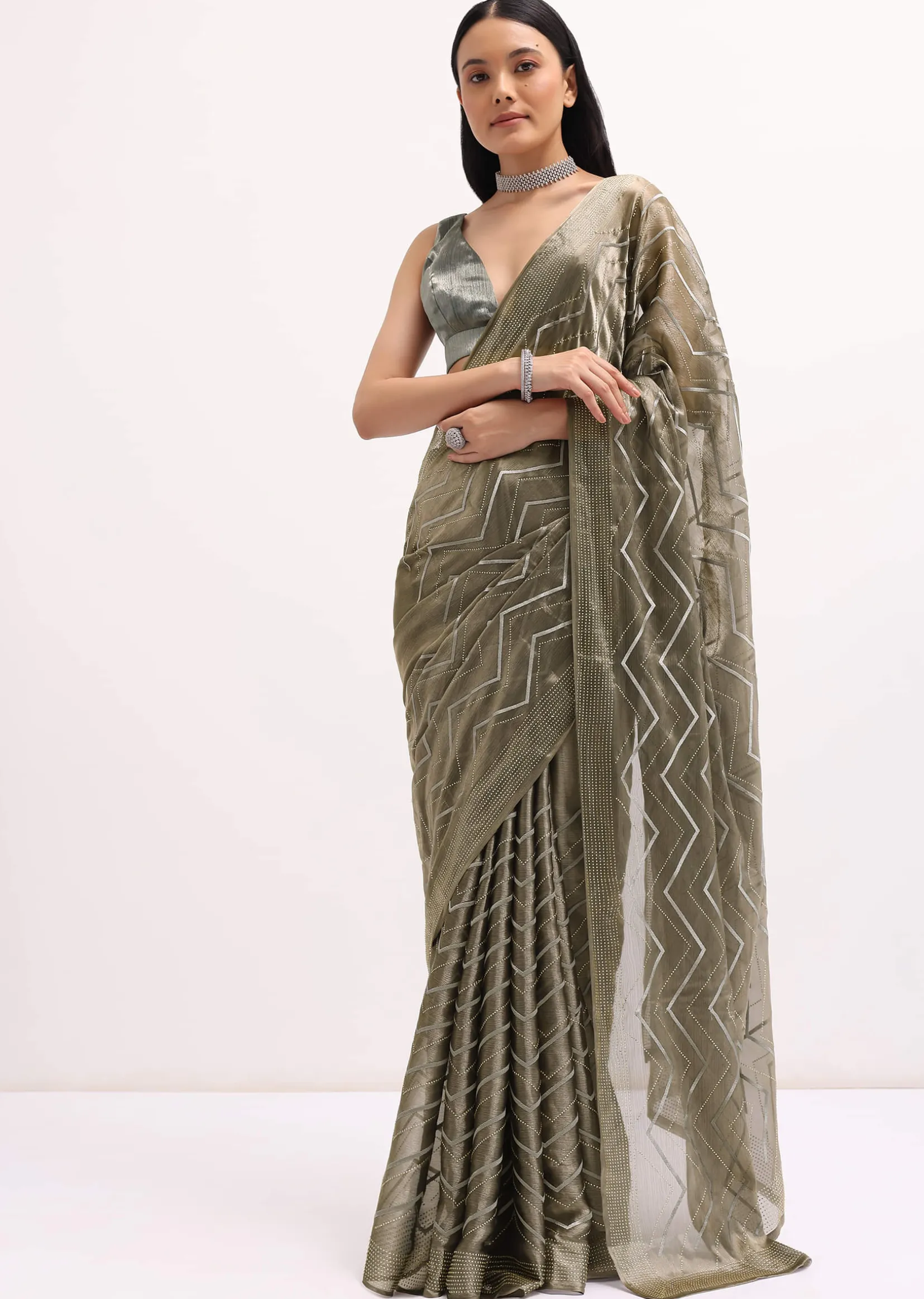 Stone Grey Glass Tissue Saree With Unstitched Blouse