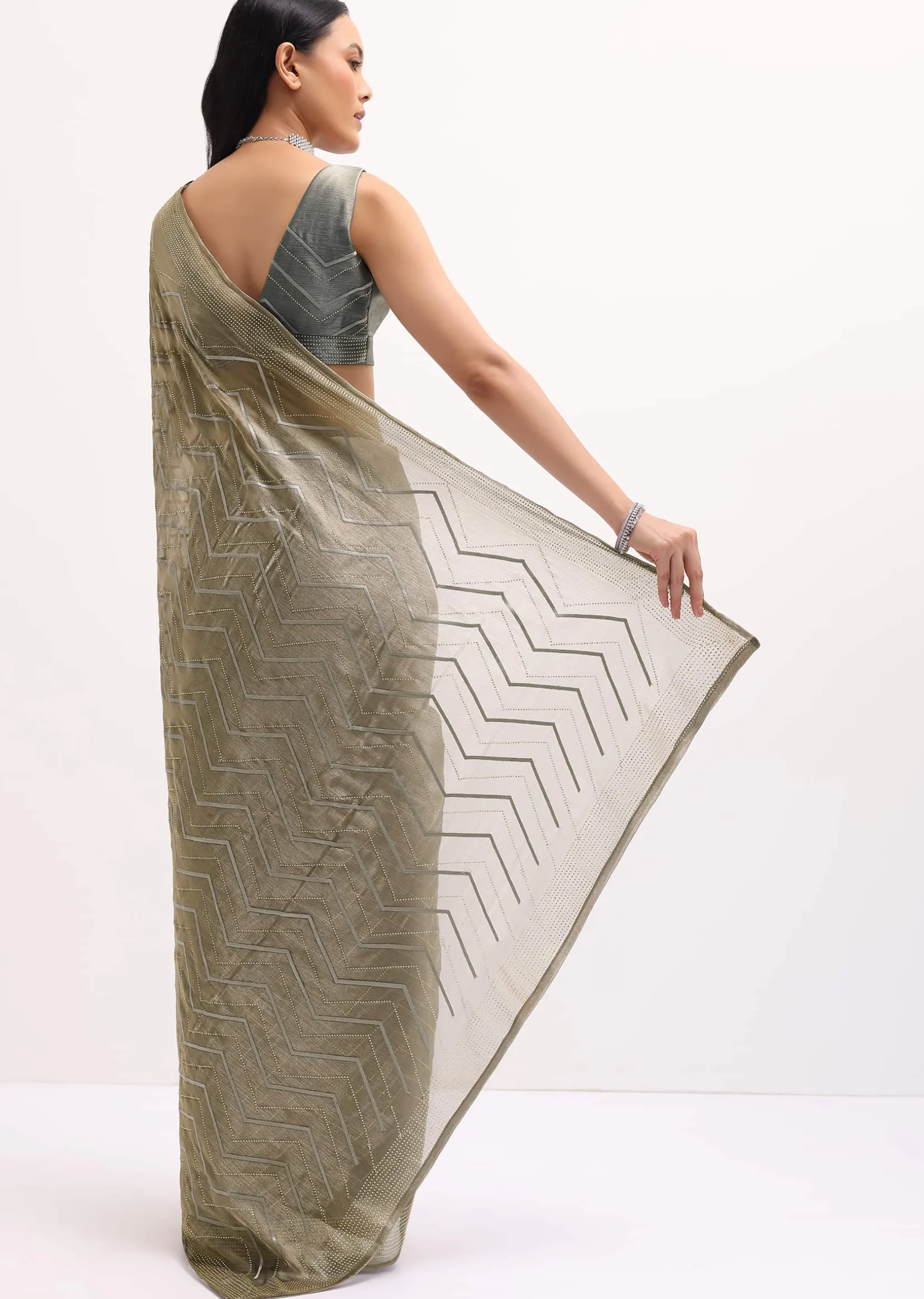 Stone Grey Glass Tissue Saree With Unstitched Blouse