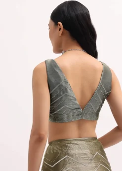 Stone Grey Glass Tissue Saree With Unstitched Blouse