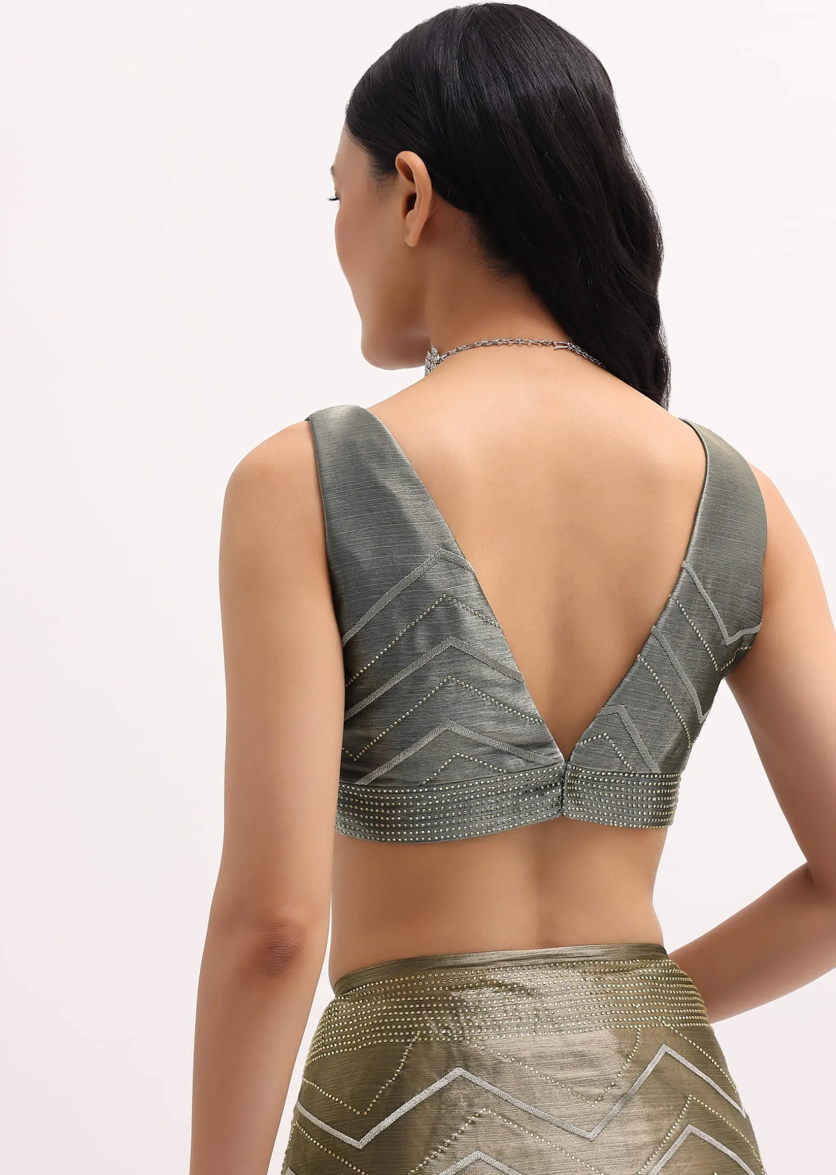 Stone Grey Glass Tissue Saree With Unstitched Blouse
