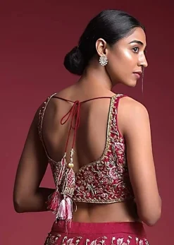 Strawberry Pink Choli In Raw Silk Adorned With Resham And Zardosi Embroidered Floral Jaal