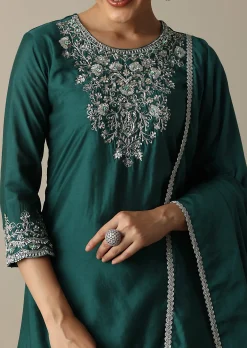 Stunning Emerald Green Silk Embroidery Kurta Set