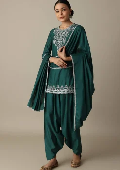 Stunning Emerald Green Silk Embroidery Kurta Set