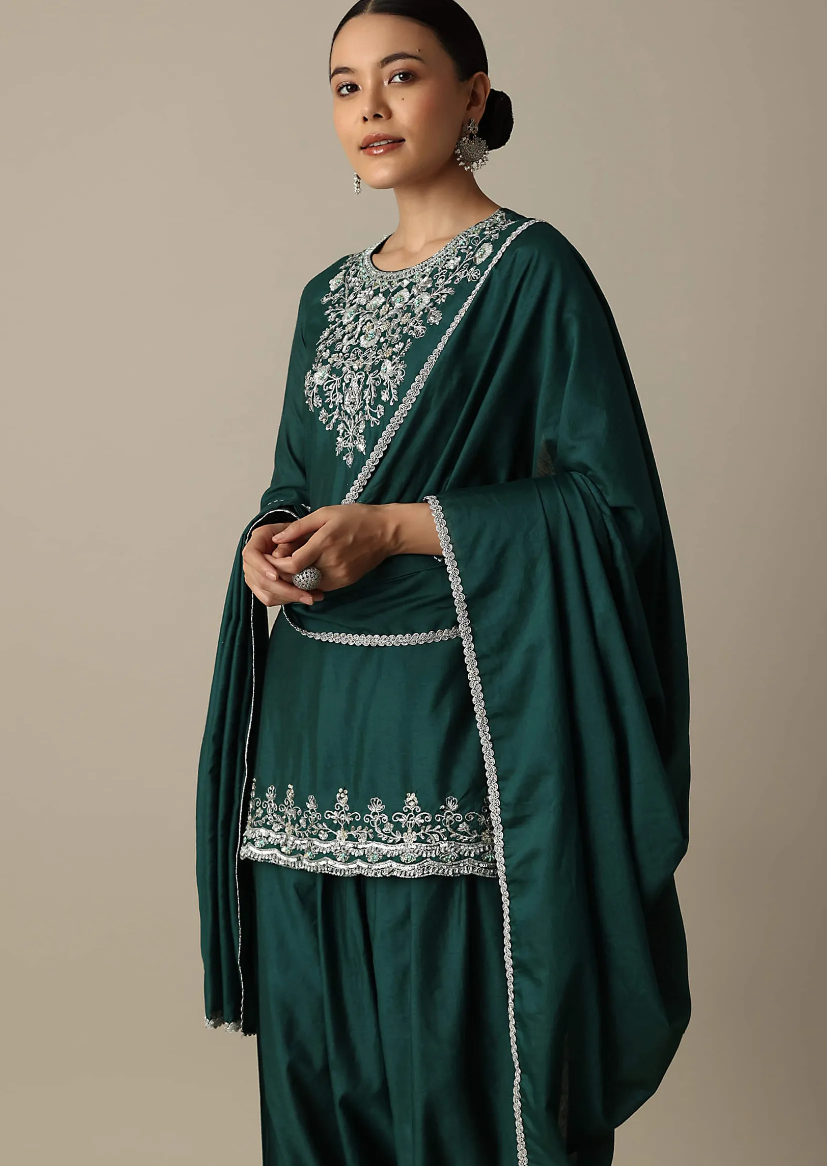 Stunning Emerald Green Silk Embroidery Kurta Set