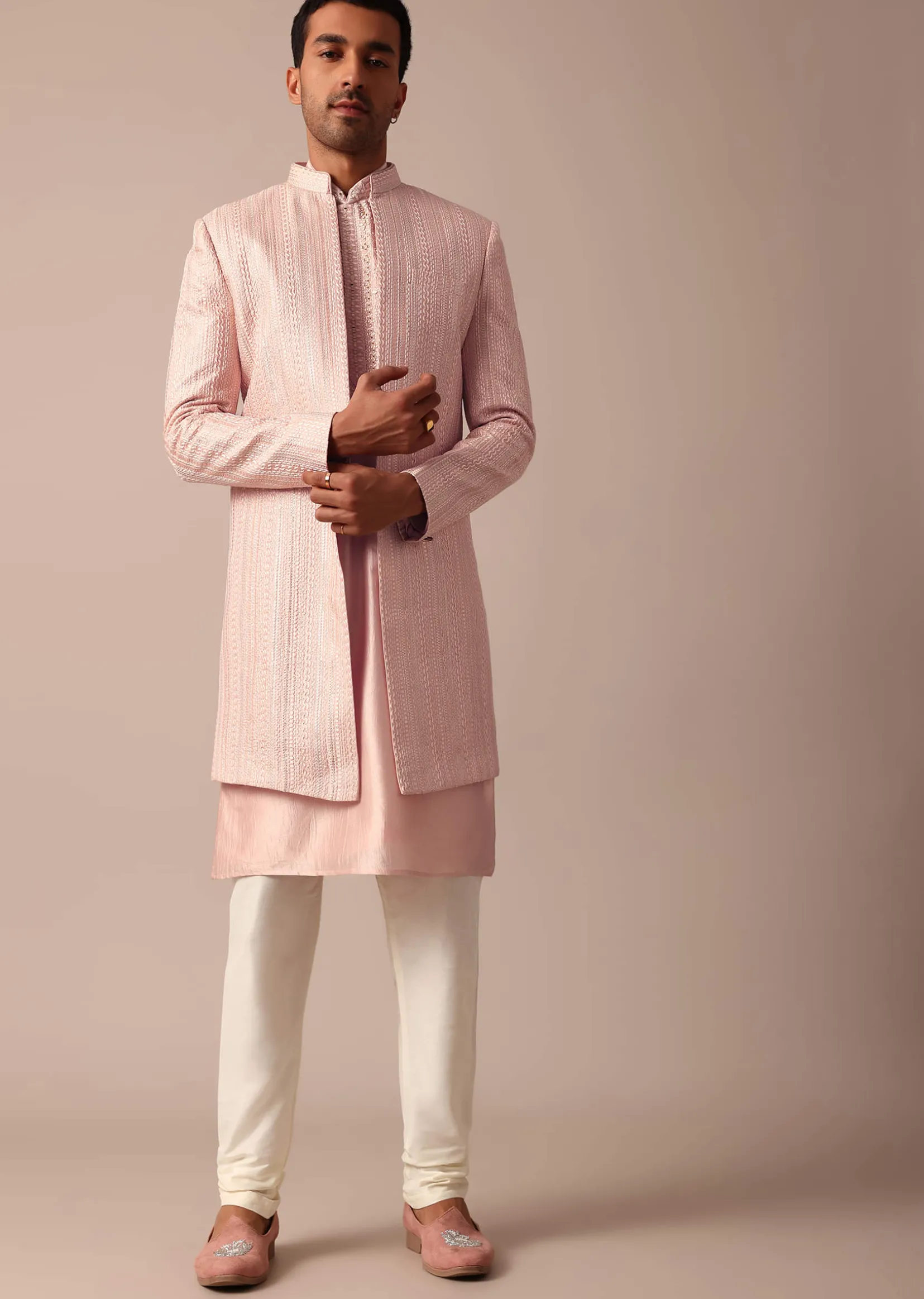 Stunning Peach Silk Sherwani For Men