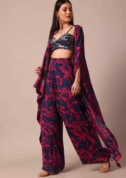 Stunning Red And Navy Floral Printed Palazzo With Sequence Embroidered Crop Top And Jacket Set