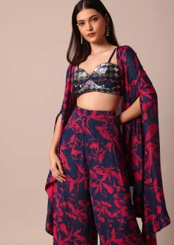 Stunning Red And Navy Floral Printed Palazzo With Sequence Embroidered Crop Top And Jacket Set