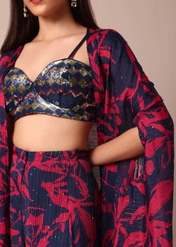 Stunning Red And Navy Floral Printed Palazzo With Sequence Embroidered Crop Top And Jacket Set