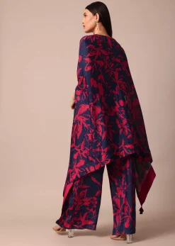 Stunning Red And Navy Floral Printed Palazzo With Sequence Embroidered Crop Top And Jacket Set