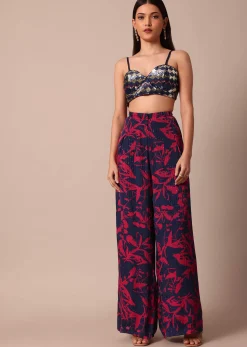 Stunning Red And Navy Floral Printed Palazzo With Sequence Embroidered Crop Top And Jacket Set