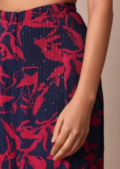 Stunning Red And Navy Floral Printed Palazzo With Sequence Embroidered Crop Top And Jacket Set