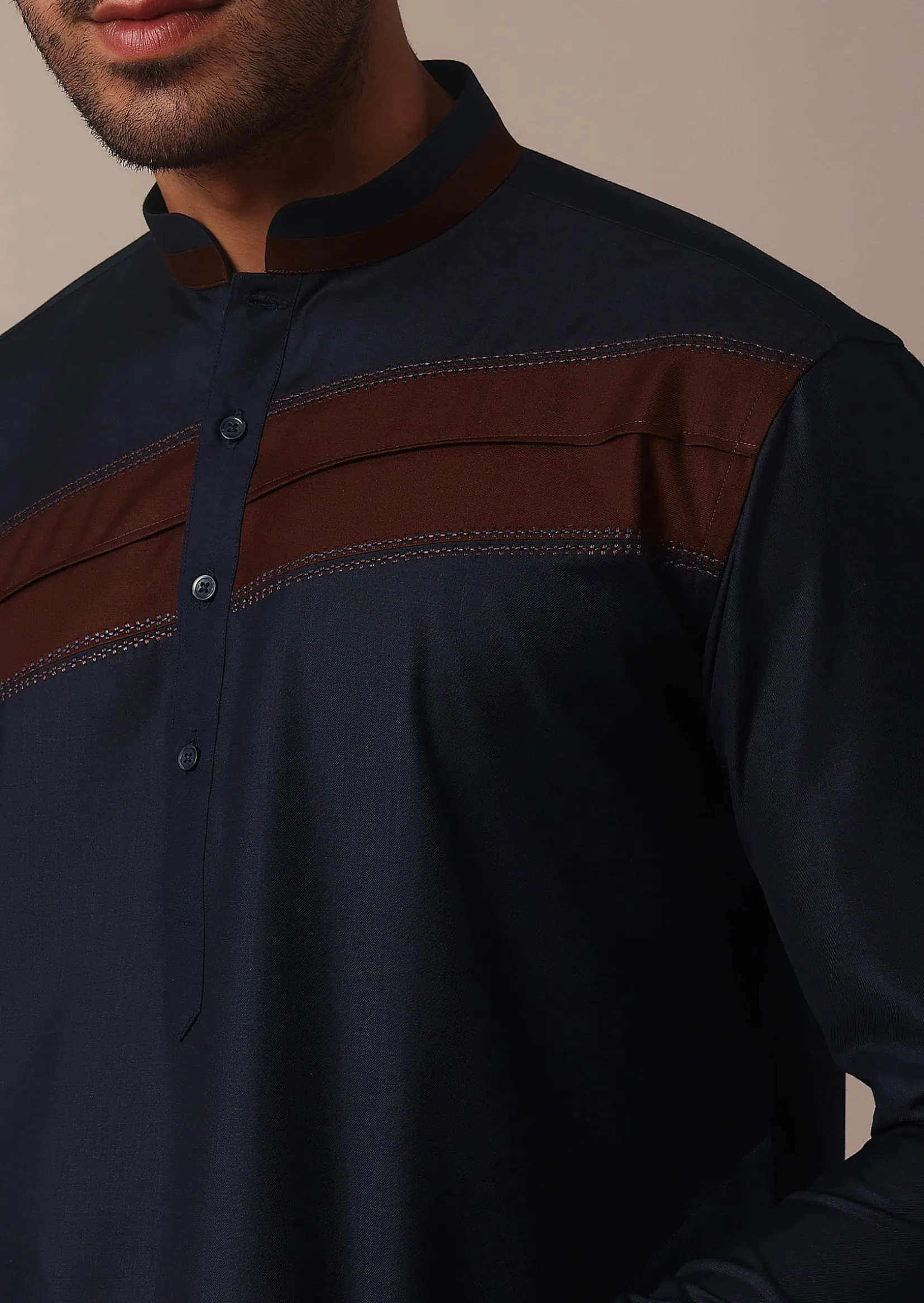 Stylish Blue Pathani Kurta Set With Pintuck Detailing