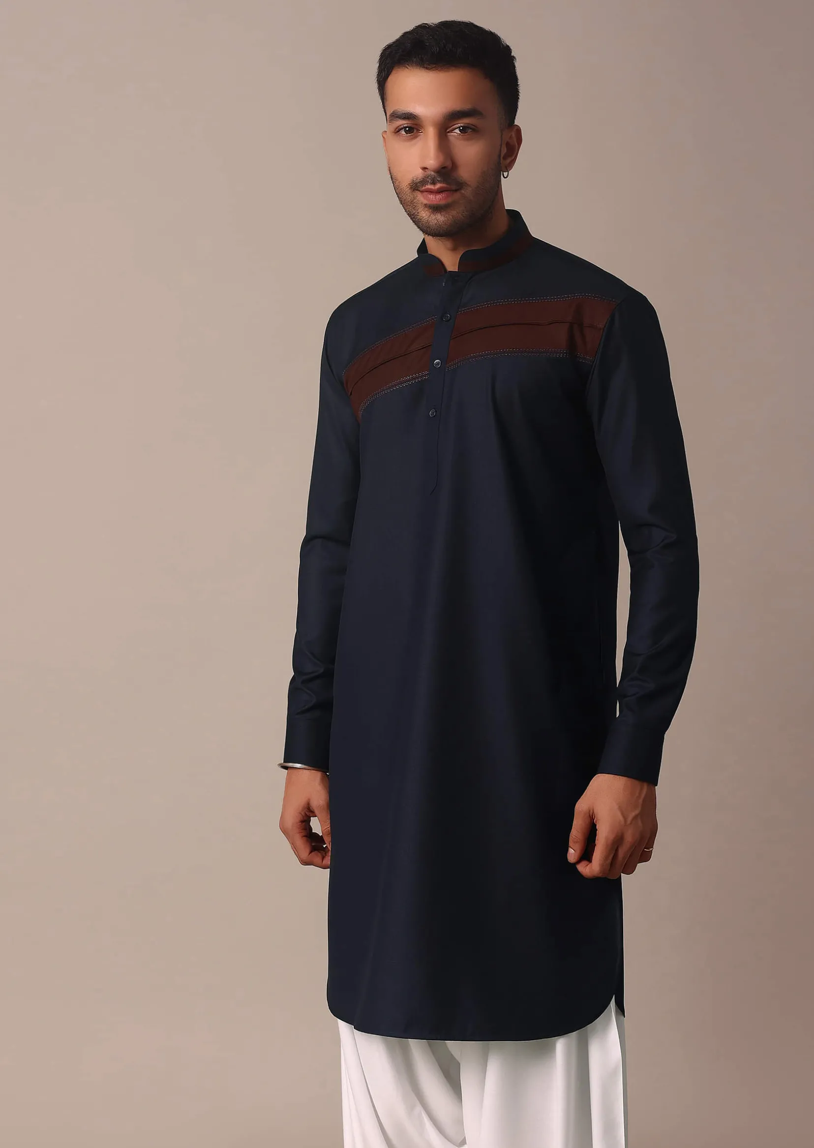 Stylish Blue Pathani Kurta Set With Pintuck Detailing