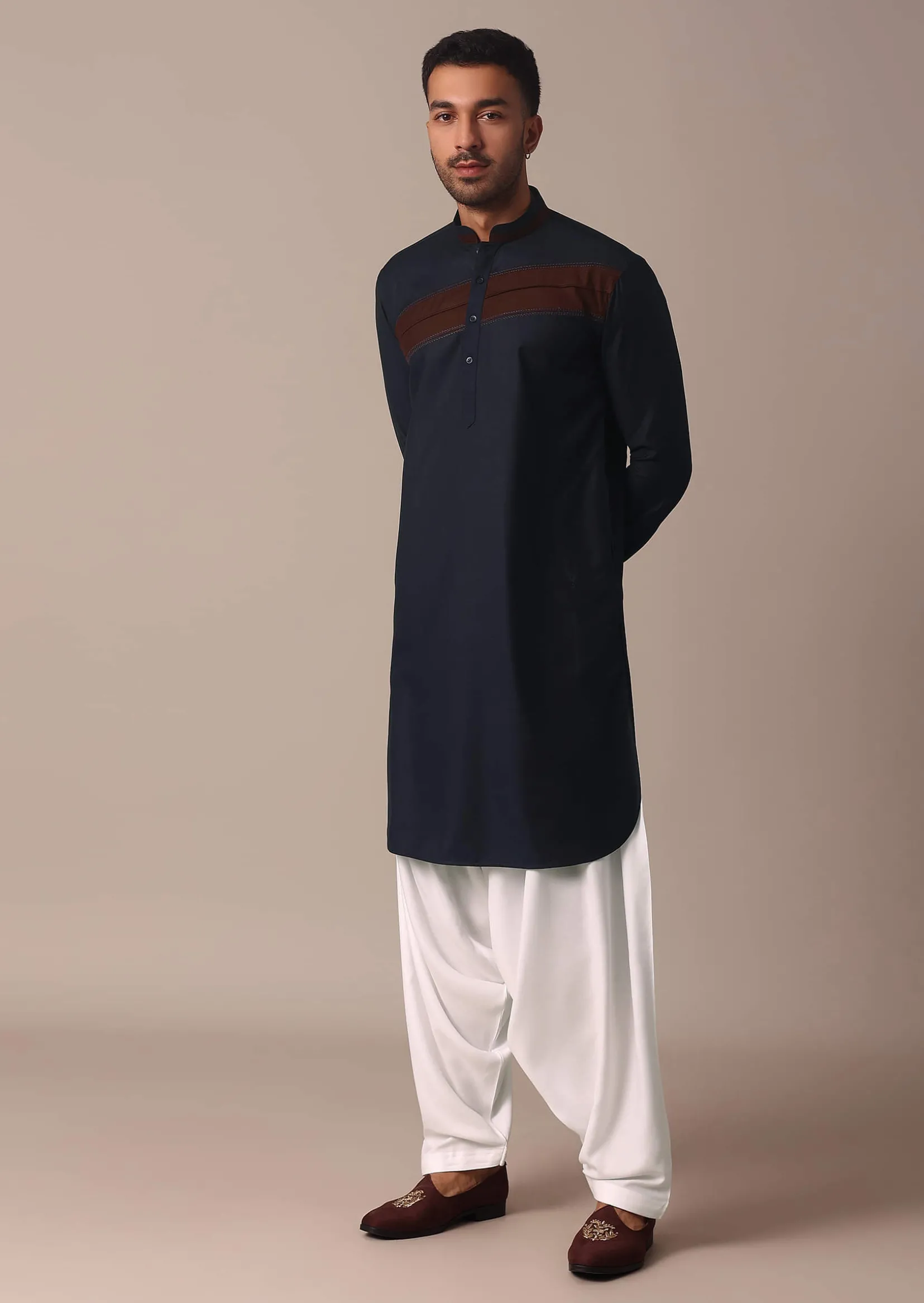 Stylish Blue Pathani Kurta Set With Pintuck Detailing