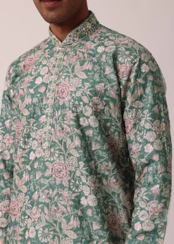 Stylish Green Silk Kurta Set With All-Over Print