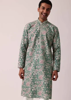 Stylish Green Silk Kurta Set With All-Over Print