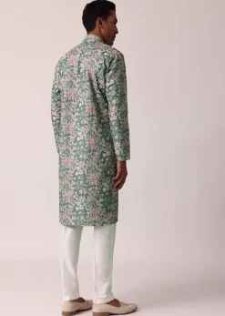 Stylish Green Silk Kurta Set With All-Over Print