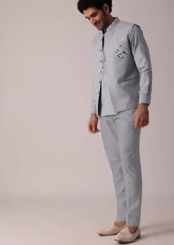 Stylish Grey Short Kurta With Embroidered Matching Bandi