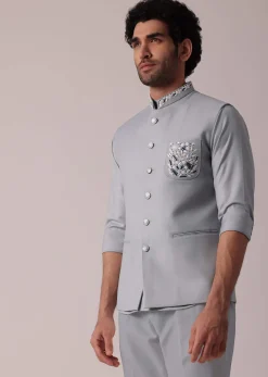 Stylish Grey Short Kurta With Embroidered Matching Bandi