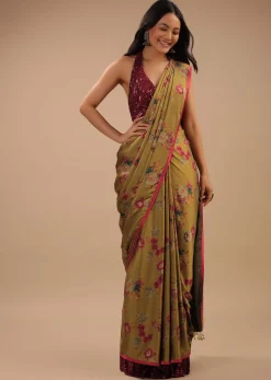 Sulphur Yellow Readymade Saree With Floral Print And Contrast Red Sequins Blouse