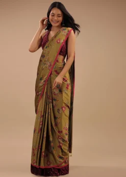 Sulphur Yellow Readymade Saree With Floral Print And Contrast Red Sequins Blouse