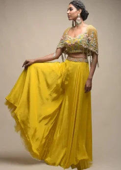 Sun Yellow Palazzo Suit With 3D Organza Flower Embellished Crop Top And Short Cape