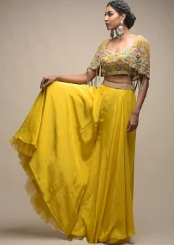Sun Yellow Palazzo Suit With 3D Organza Flower Embellished Crop Top And Short Cape