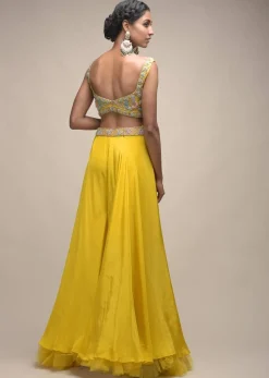 Sun Yellow Palazzo Suit With 3D Organza Flower Embellished Crop Top And Short Cape