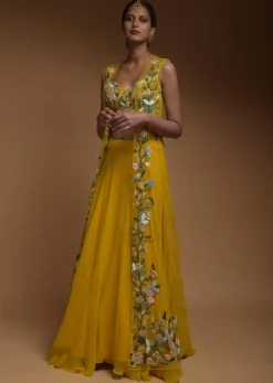 Sun Yellow Skirt, Crop Top And Jacket With 3D Flowers And Embossed Embroidery
