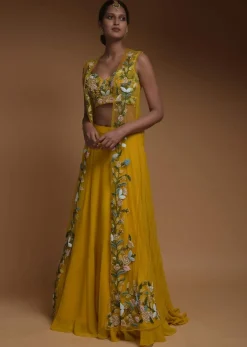 Sun Yellow Skirt, Crop Top And Jacket With 3D Flowers And Embossed Embroidery