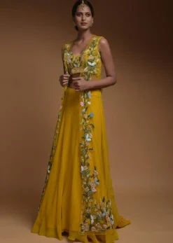 Sun Yellow Skirt, Crop Top And Jacket With 3D Flowers And Embossed Embroidery