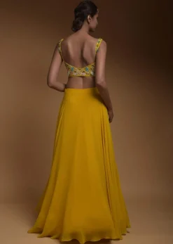Sun Yellow Skirt, Crop Top And Jacket With 3D Flowers And Embossed Embroidery