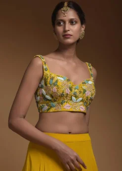 Sun Yellow Skirt, Crop Top And Jacket With 3D Flowers And Embossed Embroidery
